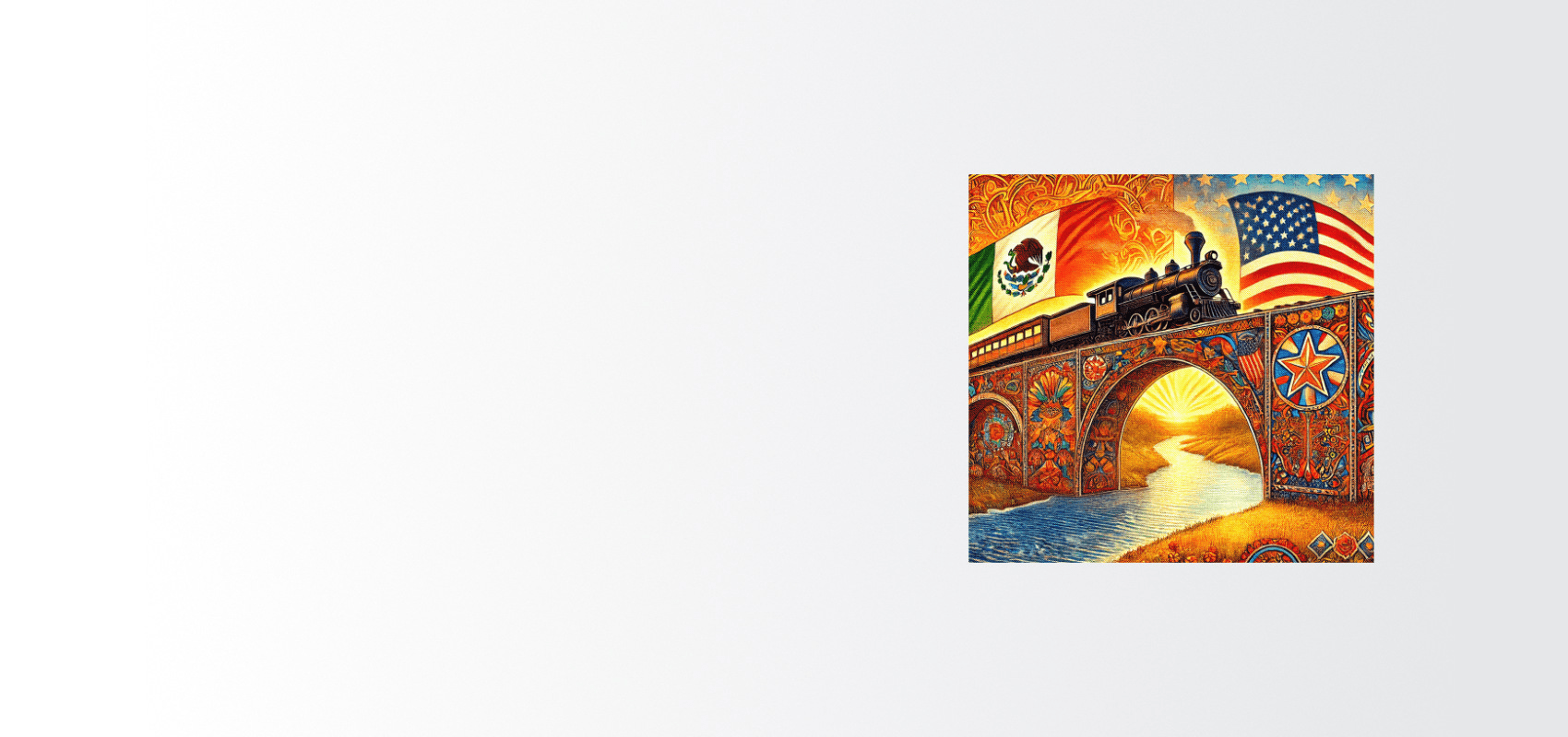 Painted scene of a railroad, Mexican flag, and Aurora skyline